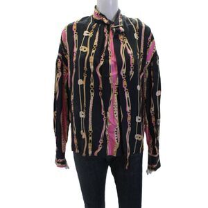 Belair Womens Graphic Printed Buckled Neckline Long Sleeve Blouse Blue Size 3